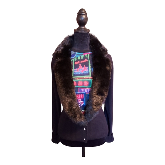 Vintage i.e. 90s Black Faux Fur Convertible Cardigan Sweater Size L - Picture 2 of 9